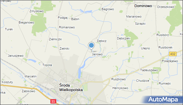 mapa Janowo, Janowo gmina Środa Wielkopolska na mapie Targeo